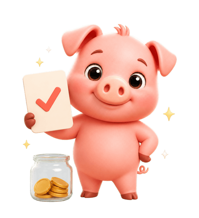 Pocket Piggy holding a checklist beside a savings jar
