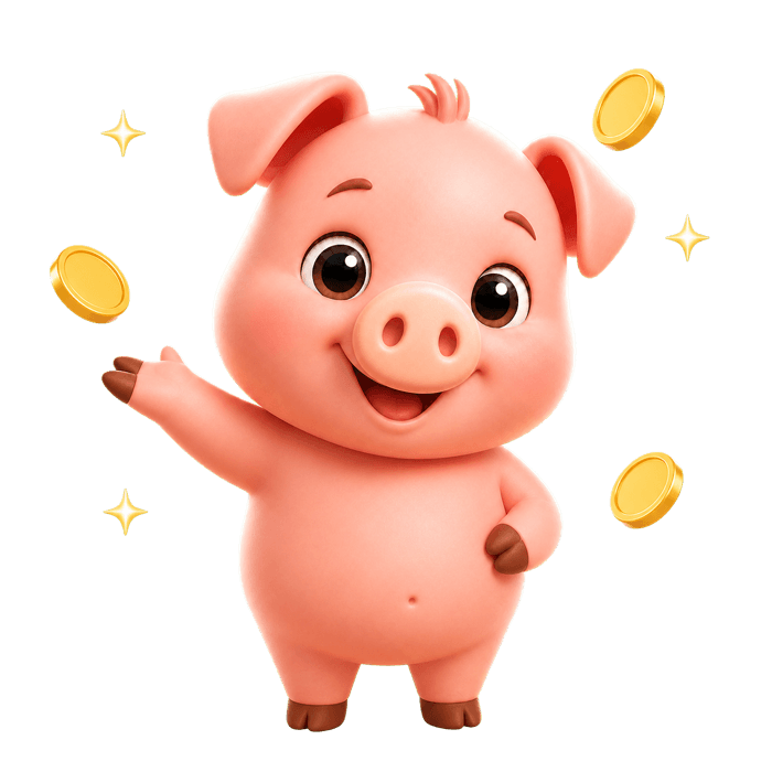 Pocket Piggy waving with coins around it
